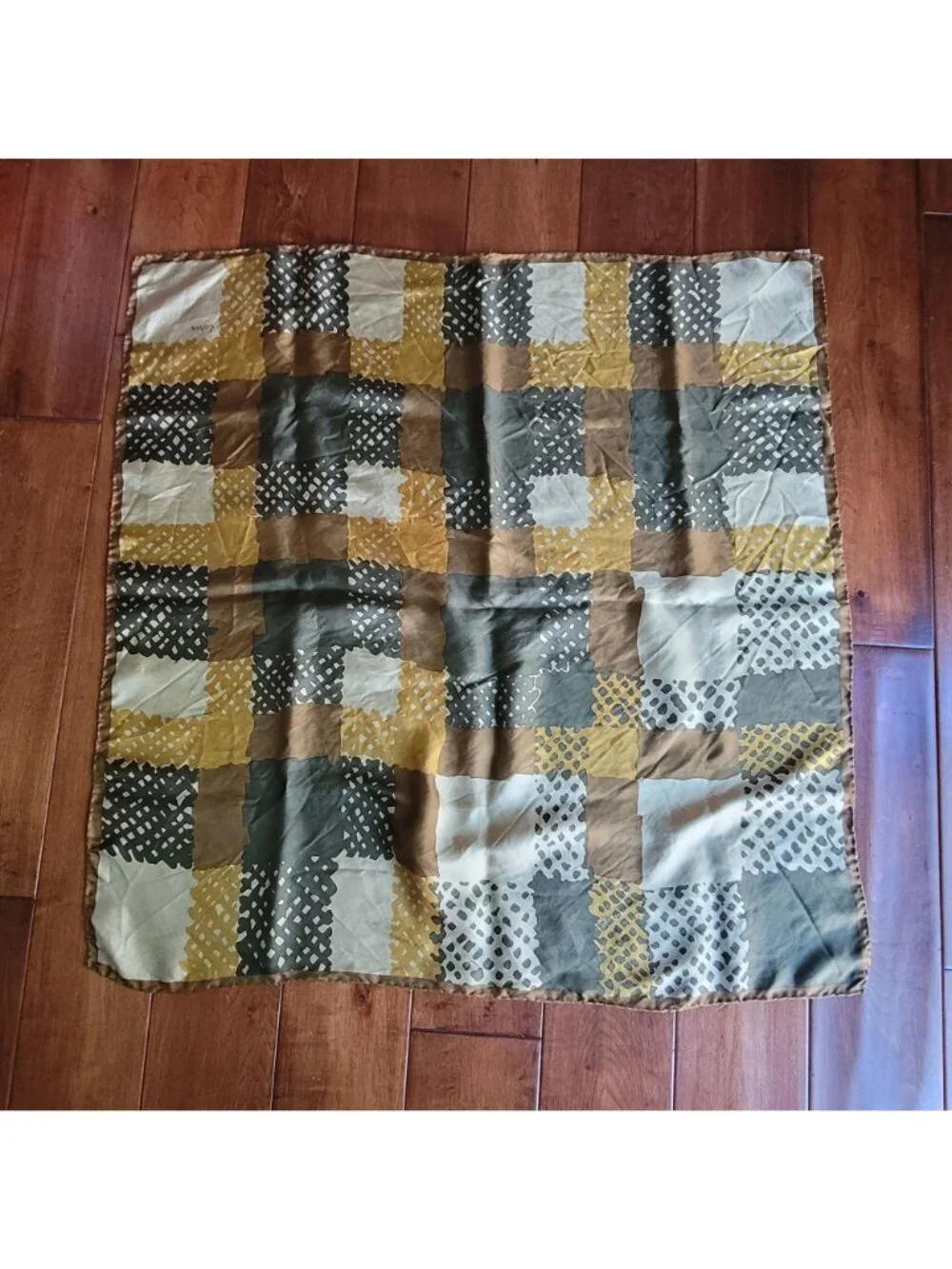 Vintage Echo Silk Scarf Square / Abstract Geometric Patchwork Pattern Neck Head